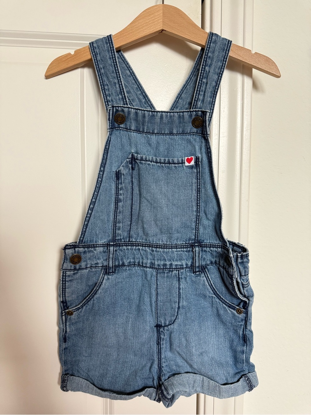 Carter's Light Blue Denim Shortalls with Heart Patch. Size 3T